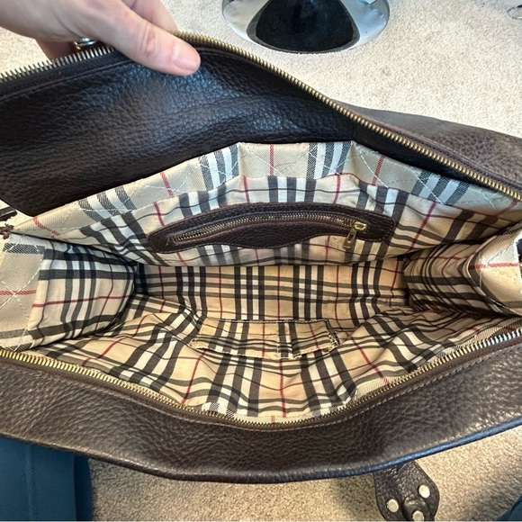 BURBERRY rare unique chocolate brown plaid check nova print cloth bag purse - Picture 6 of 10